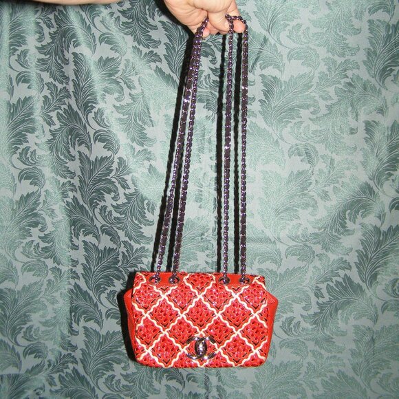 RARE Chanel Red Mini Patent Leather Woven Stitch Tweed Flap Bag - Picture 10 of 16